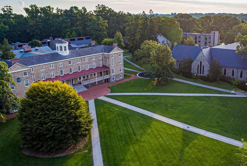 An aerial view of Founders Hall, Founders Green, and Lutnick Library. 