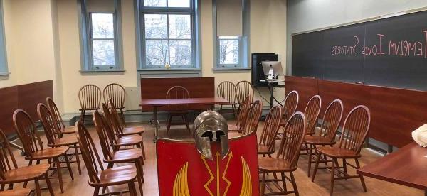 a roman shield and helment in the classroom